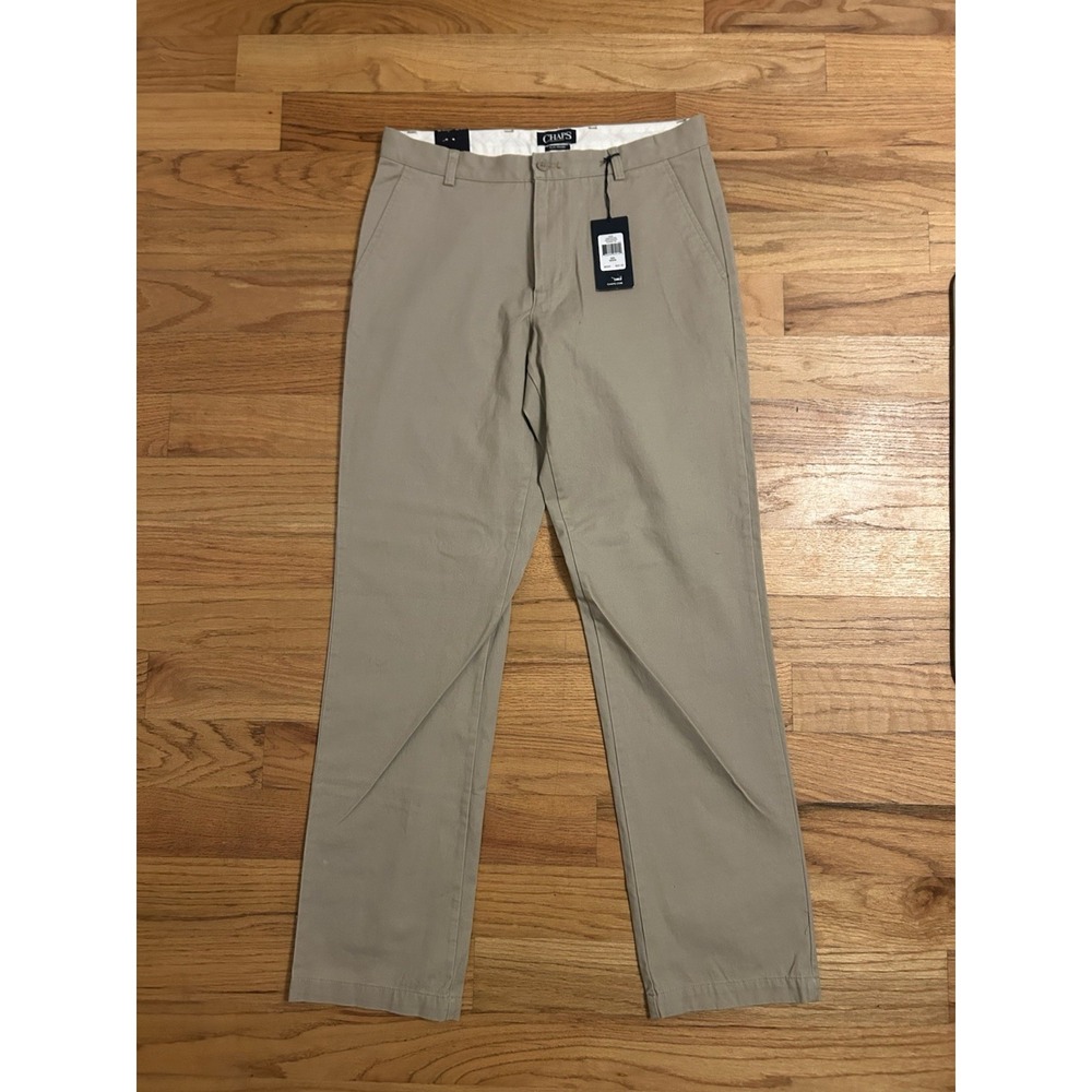 Chaps Khaki Pants Mens 32x34 Flat Front Classic Chino Straight Fit Tan NWT